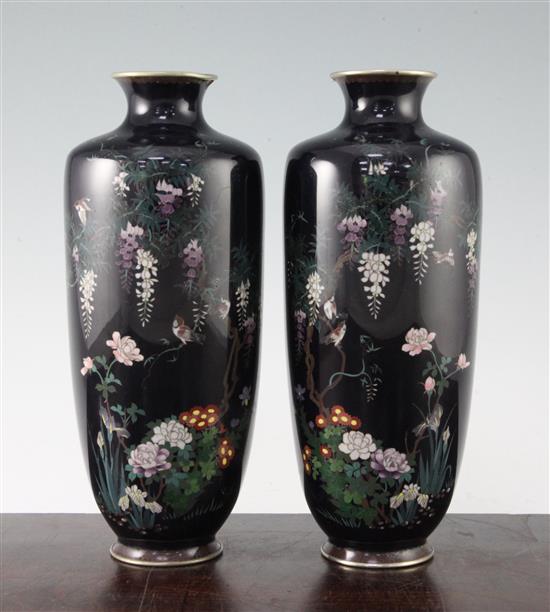 A pair of Japanese silver wire cloisonne enamel vases, Meiji period, 24.5cm, slight damage to enamel